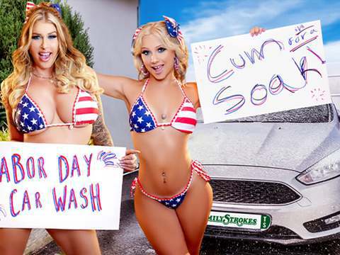 FreeKiloSex presents: Car wash duo shake tits and score big